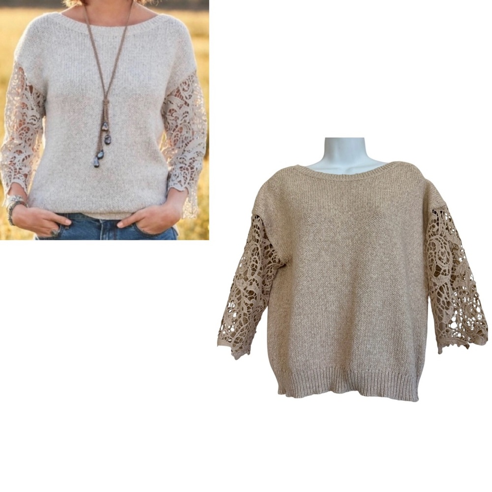 Sundance Beige Oatmeal Knit Sweater  Size PM Crochet Lace Sleeve Drop Shoulder